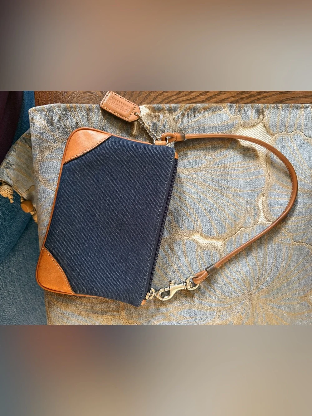 Coach Denim and Tan Leather Wristlet